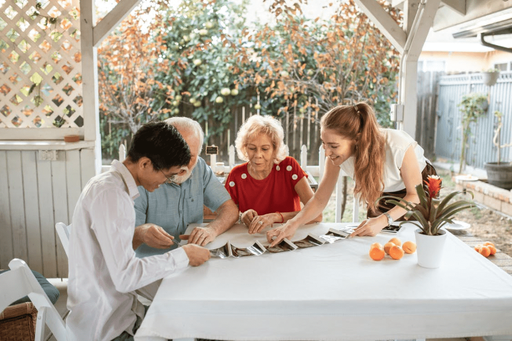 kids visiting their aging parents at an assisted living facility