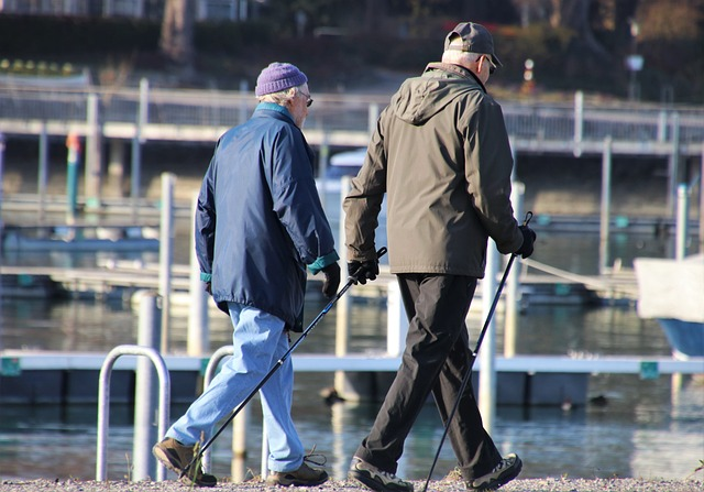 A pair of seniors walking along a dock