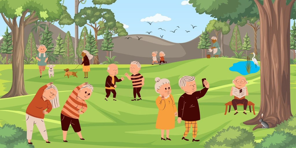 An illustration showing seniors at independent living communities