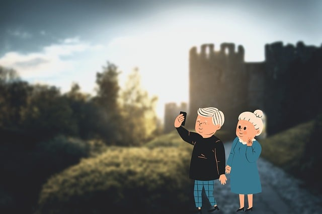 An illustration showing a senior couple taking a picture together