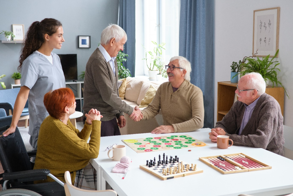 Senior friends gathering to play board games